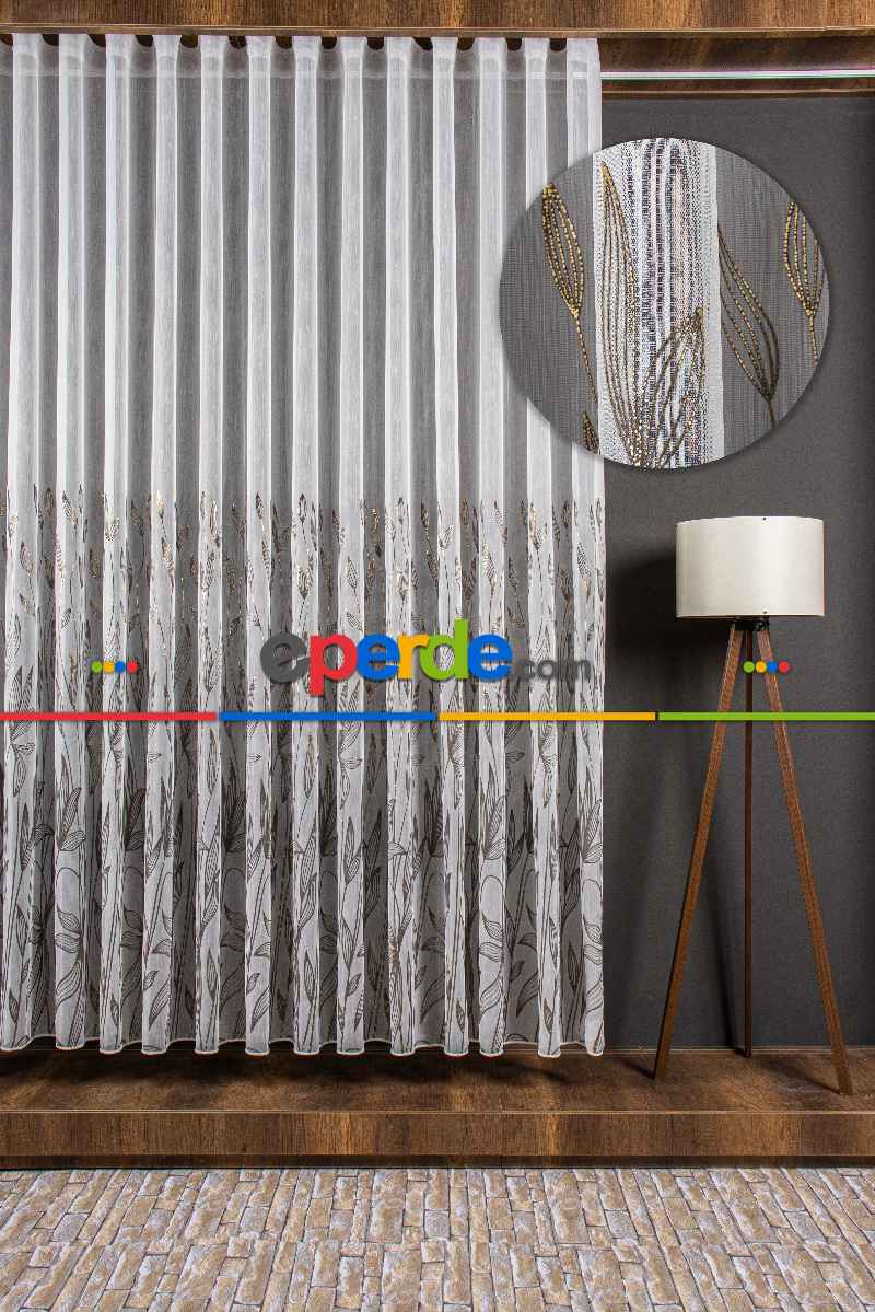 Oturma Odası - Altın/gümüş/bakır Kabartmalı Yaprak Desenli Tül Perde - Armür Dokuma Keten Efektli