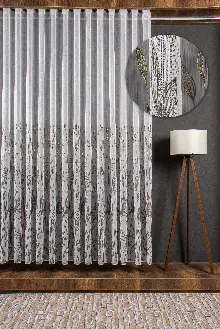 Yatak Odası - Altın/gümüş/bakır Kabartmalı Yaprak Desenli Tül Perde - Armür Dokuma Keten Efektli