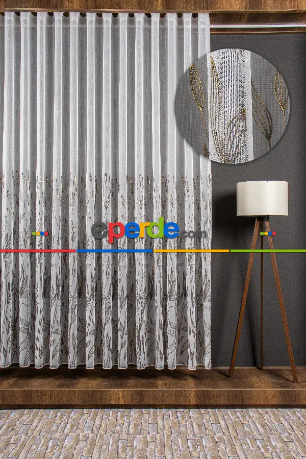 Salon - Altın/gümüş/bakır Kabartmalı Yaprak Desenli Tül Perde - Armür Dokuma Keten Efektli