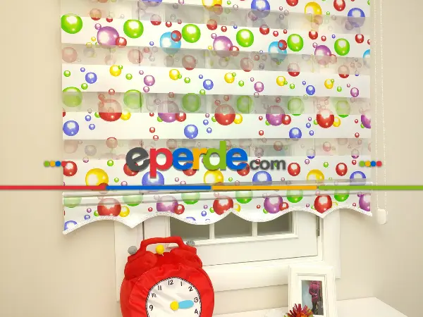 Çocuk Odası - Zebra Perde - Baloncuk Baskılı-  Çok Renkli 3