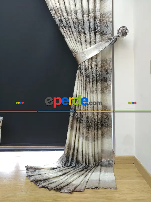 Gökkuşagı Desenli Jakar Fon Perde - Kahve