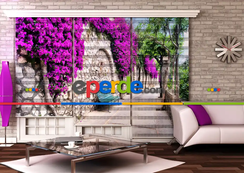 Begonvil Çiçekleri - Baskılı Zebra Stor Perde-  Çok Renkli 2