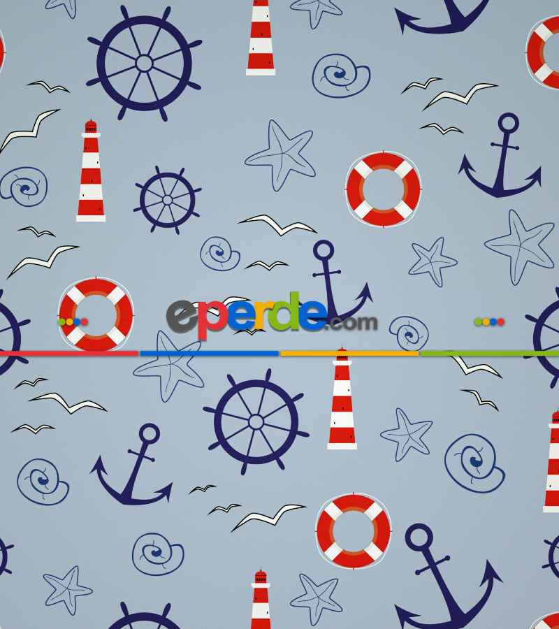 Çocuk Odası Stor Perde - Denizci Desenli Baskılı Stor Perde- Lacivert-Kırmızı