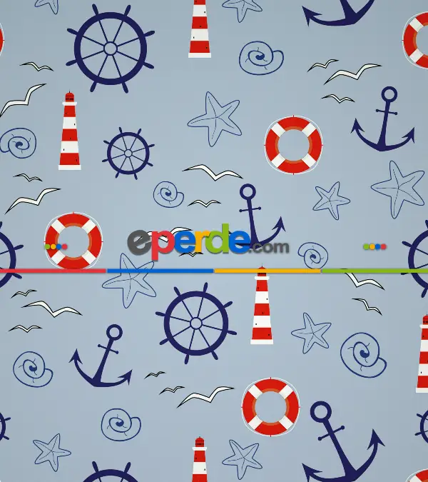 Denizci Desenli Baskılı Stor Perde- Lacivert-kırmızı-çok Renkli