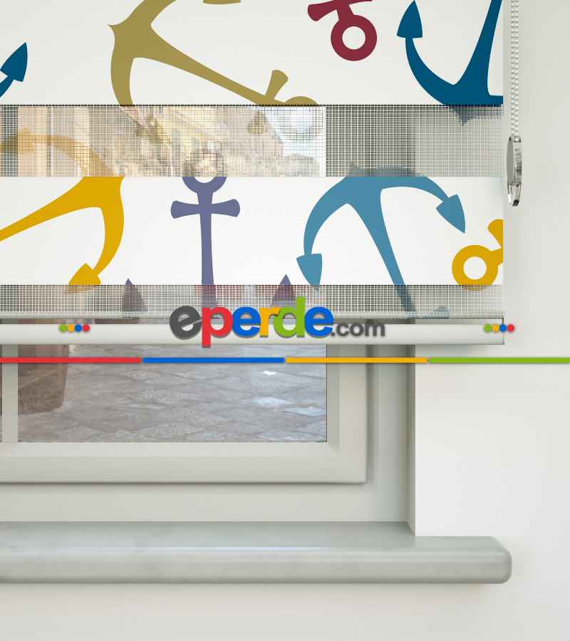 Genç Odası - Renkli Çapa Baskılı Zebra Perde- Mavi-sarı-beyaz-turkuaz