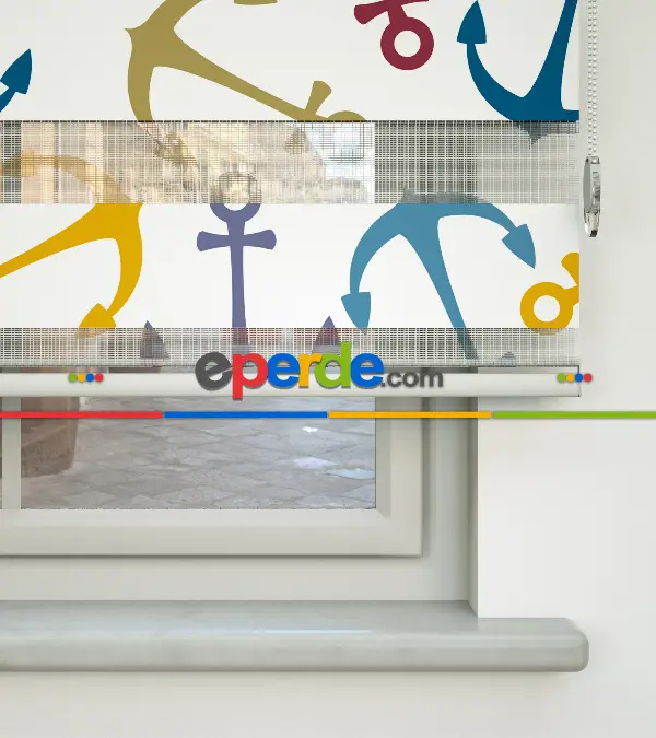 Çocuk Odası Zebra Perde - Renkli Çapa Baskılı Zebra Perde- Mavi-Sarı-Beyaz-Turkuaz