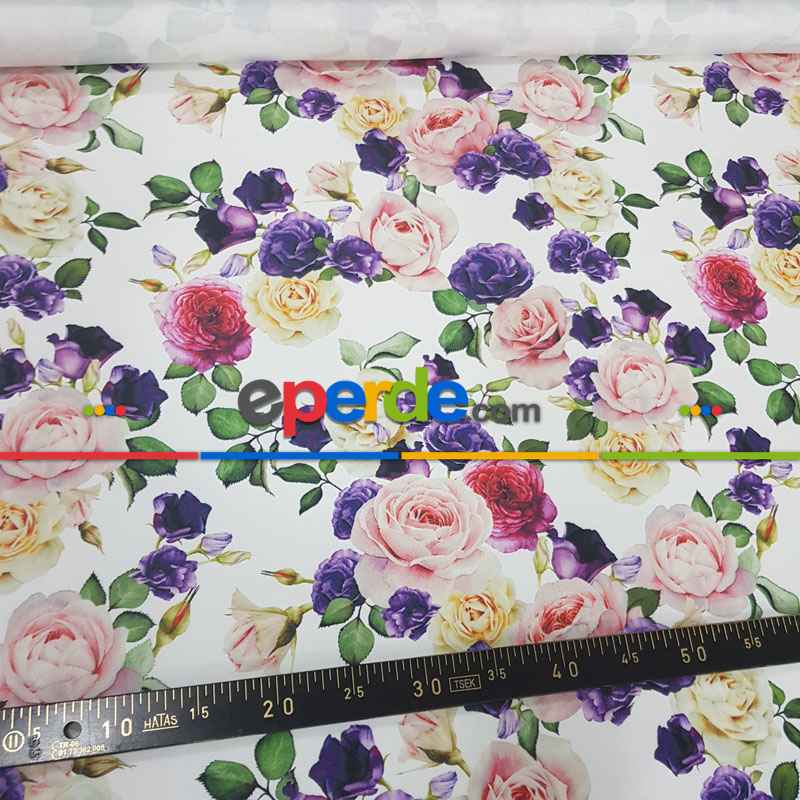 Çiçek Desenli Fon Perde Evm673 Kumaşı Kalındır Duck Bezi Değildir- Beyaz-Pembe Açık