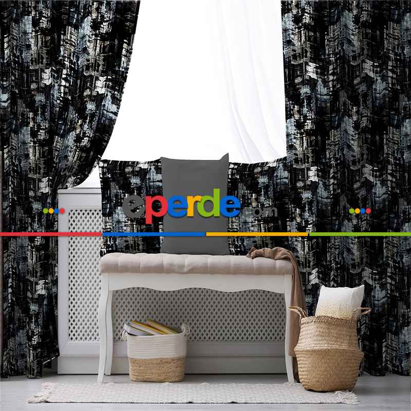 Oturma Odası Fon Perde Evim1504 Kumaşı Kalındır Duck Bezi Değildir- Mavi-beyaz