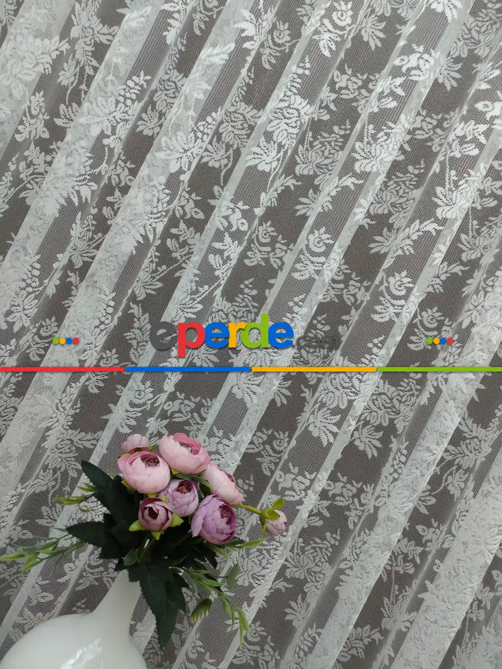 Çiçek Desenli Fransız Dantel Tül Perde 1/2,5 Pile Sıklığı- Ekru 100cm X 255cm 
