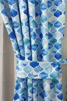 Yatak Odası - Mavi Geometrik Desenli Fon Perde Evm644 Kumaşı Kalındır Duck Bezi Değildir- Mavi-Beyaz