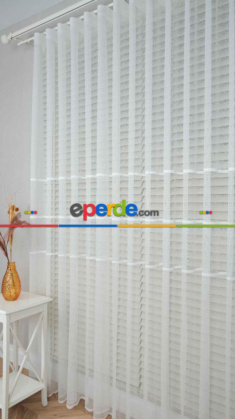 Ekru Çizgili Bantlı Keten Şantuk Tül Perde, Ağır Gramajlı Premium Seri