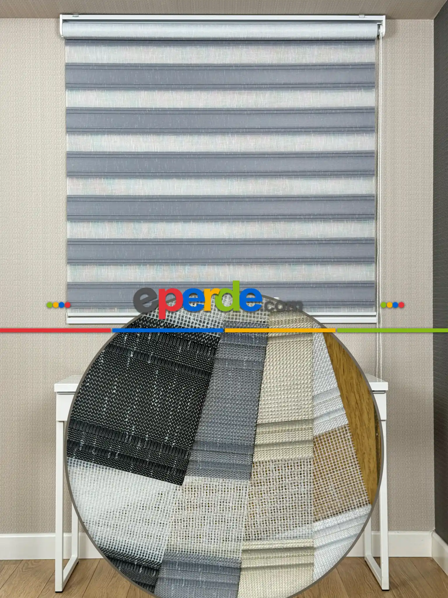 Yatak Odası Gri Yarım Pliseli Zebra Perde, Standart Metal Kasalı Yüksek Kalite Kornişe Kolay Montaj Seçenekli