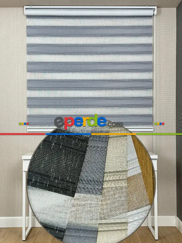 Yatak Odası Gri Yarım Pliseli Zebra Perde, Standart Metal Kasalı Yüksek Kalite Kornişe Kolay Montaj Seçenekli