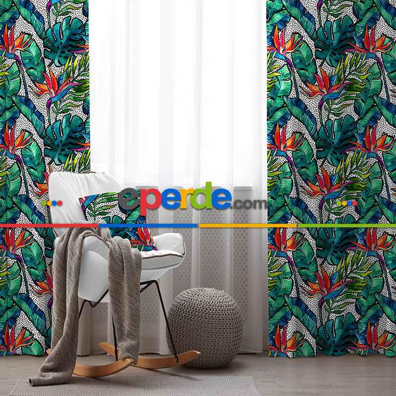Tropik Desenli Fon Perde Evim588 Kumaşı Kalındır Duck Bezi Değildir- Mavi-beyaz