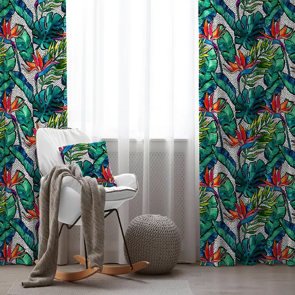 Tropik Desenli Fon Perde Evim588 Kumaşı Kalındır Duck Bezi Değildir- Mavi-beyaz