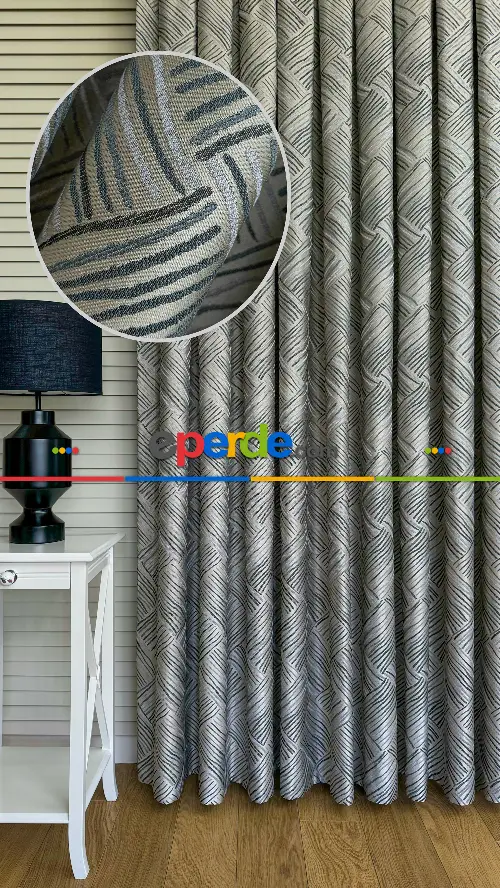 Gri / Petrol Yeşil Çizgili Desen Premium Jakar Dokuma Fon Perde