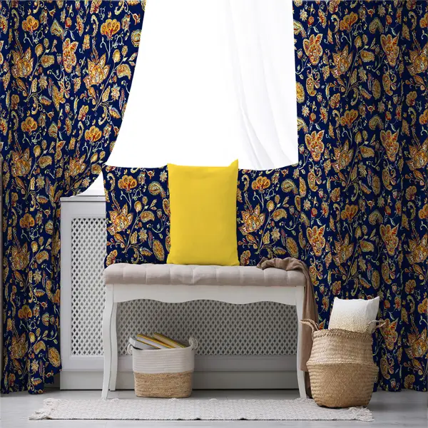 Yaprak Desenli Fon Perde Evim787 Kumaşı Kalındır Duck Bezi Değildir- Mavi-beyaz