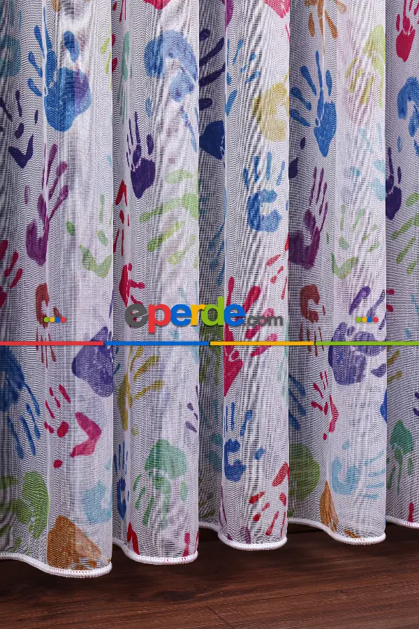 Genç - Çocuk Odası Renkli El Desenli Tül Perde