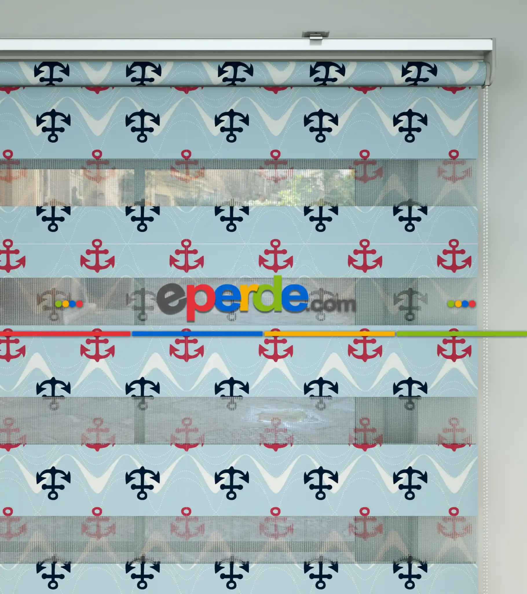 Bebek Odası Zebra Perde - Çapa Desenli Baskılı Zebra Perde- Çok Renkli