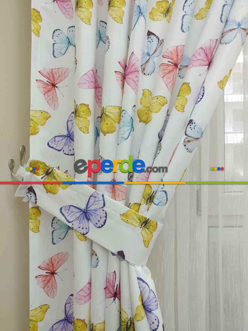 Kız Çocuk Odası Fon Perde - Kelebek Desenli Fon Perde