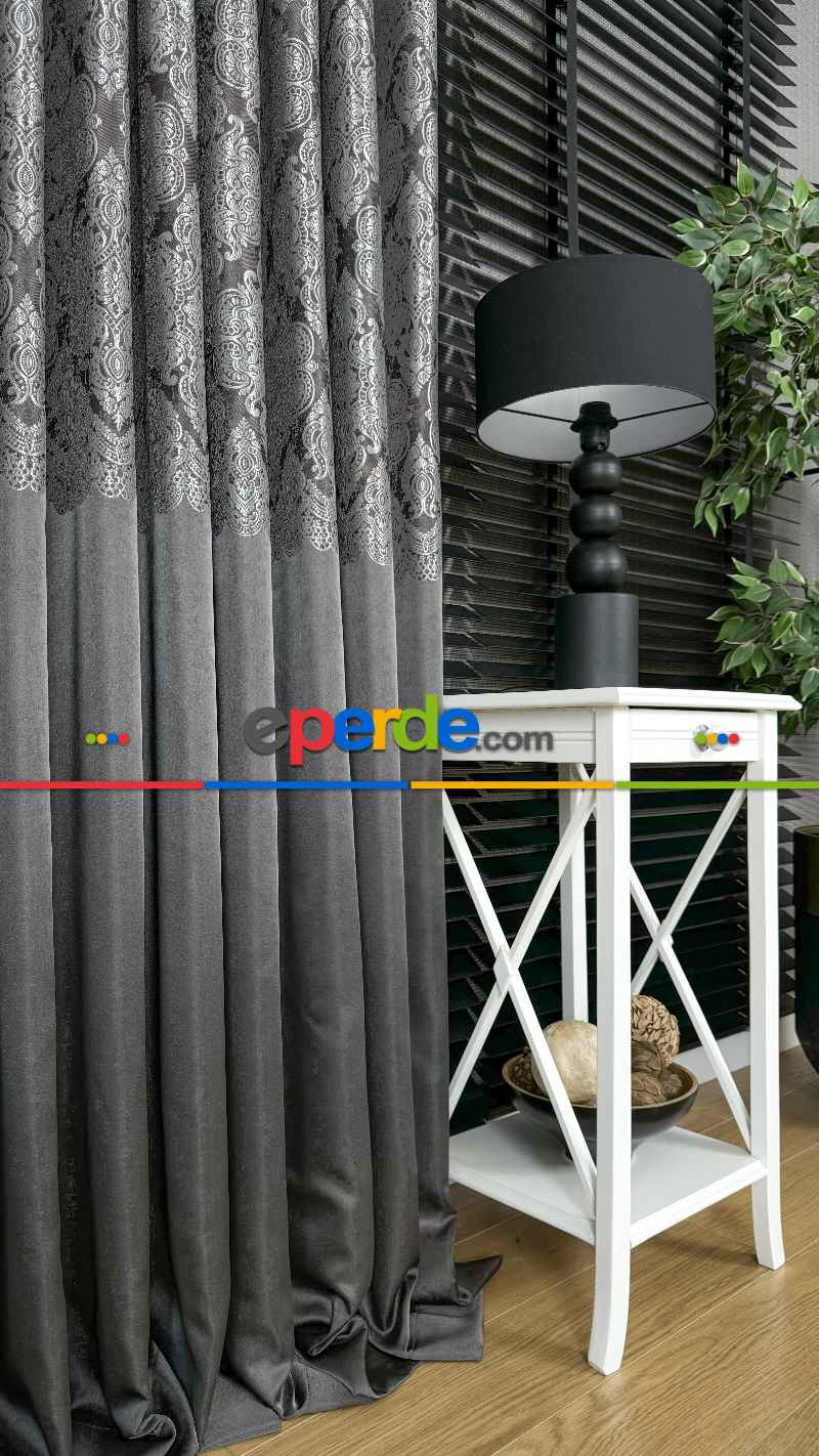 Gri Gümüş Fon Perde, Damask Desenli