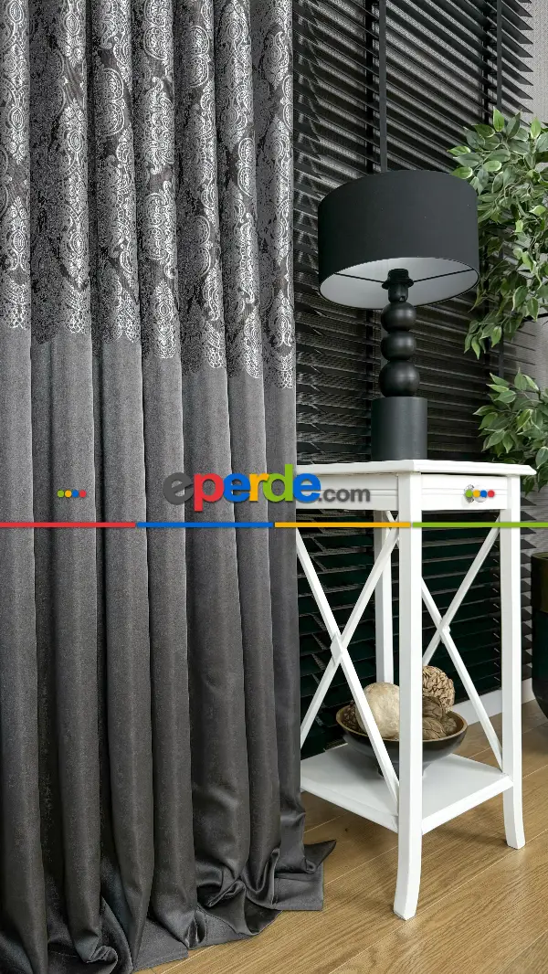 Gri Gümüş Fon Perde, Damask Desenli