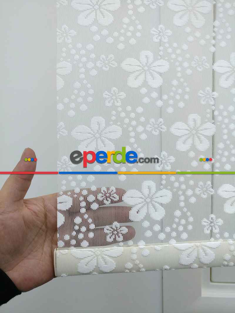 Yatak Odası - Jakar Örme Tül-feray 801 Ekru Çiftli Sistem Dantel Desenli Perde- Ekru