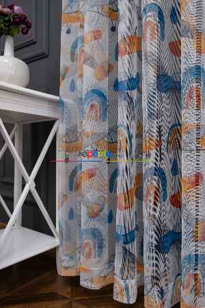 Hazır Ölçülü Petek Zemin Turuncu Ve Mavi Renkli Planör Uçak Desenli Grek Baskılı Tül Perde