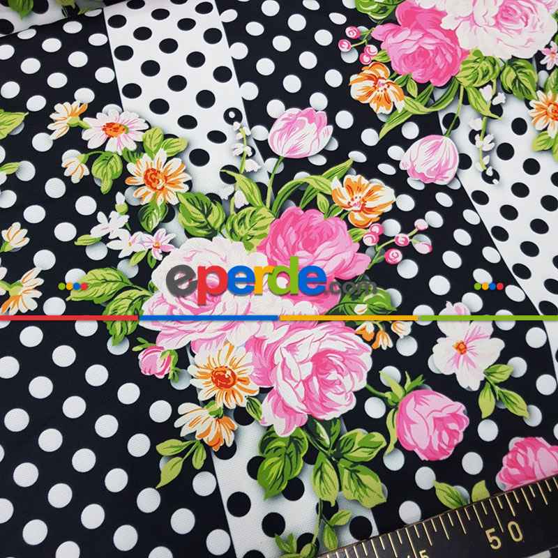 Çiçek Desenli Fon Perde Evm836 Kumaşı Kalındır Duck Bezi Değildir- Siyah-Beyaz-Pembe Koyu