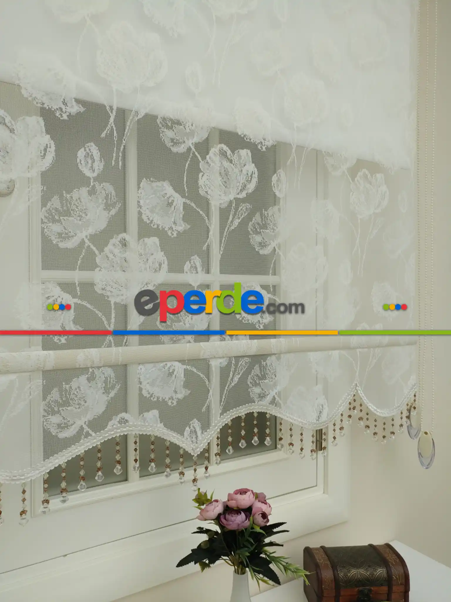 Brillant Çiçek Desen Çiftli Sistem Tül Stor Perde Ve Stor Perde- Ekru