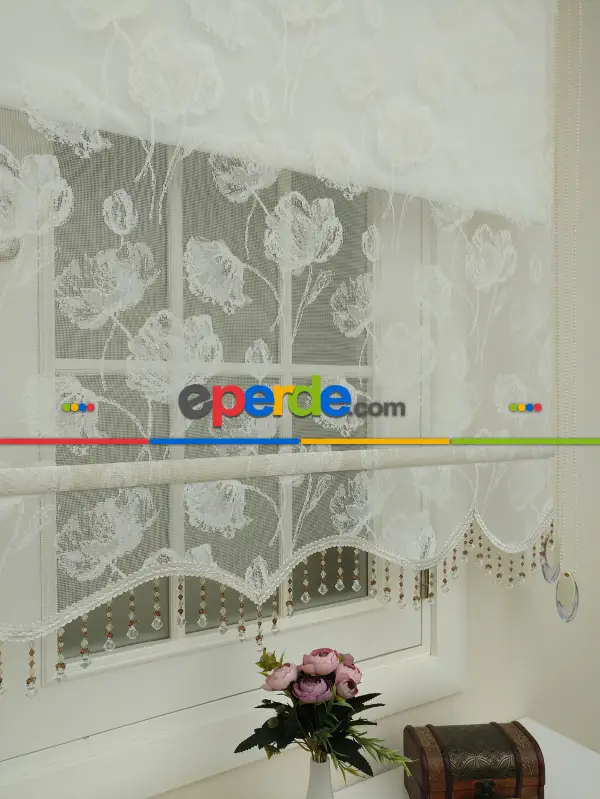 Brillant Çiçek Desen Çiftli Sistem Tül Stor Perde Ve Stor Perde- Ekru