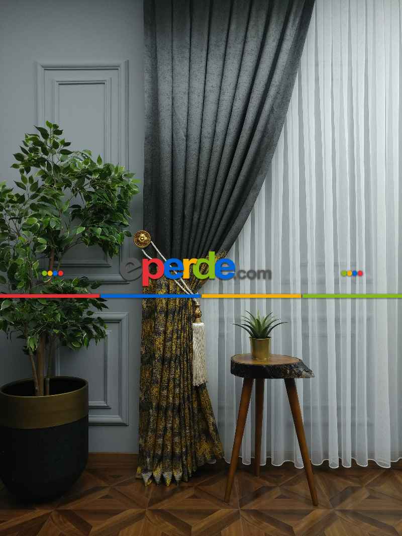 Patinedesenli Hardal Jakar Fon Perde (180)- Hardal