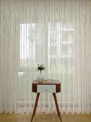 Etek Ucu Desenli Boyuna Çizgili Dantel Tül Perde- Ekru