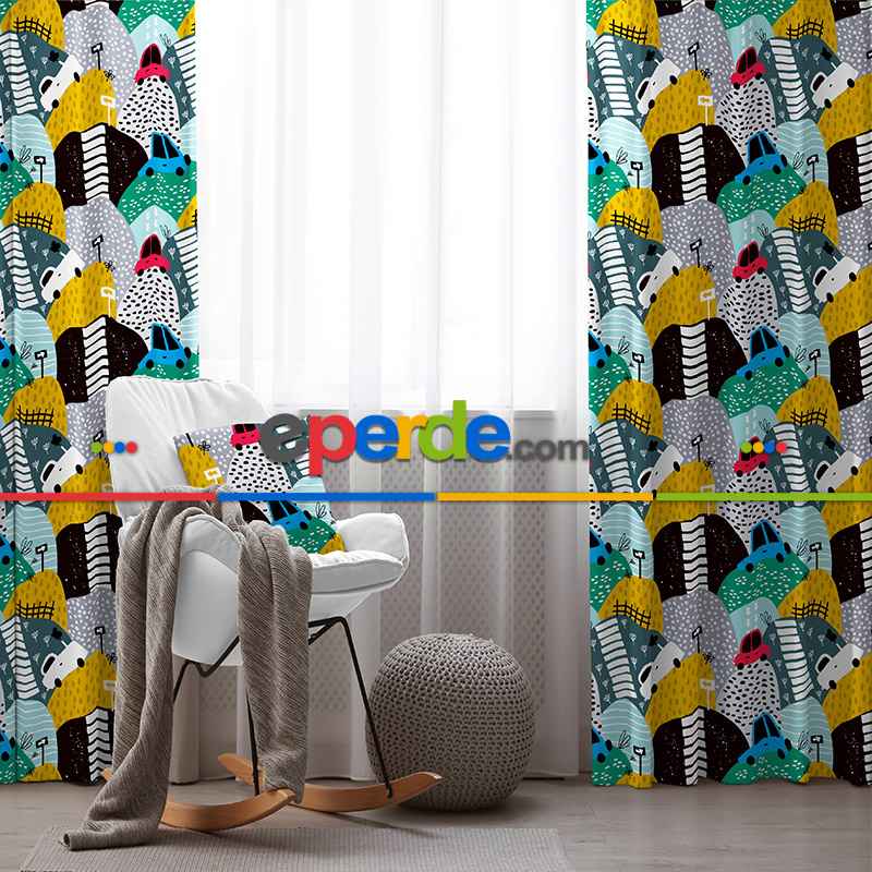 Araba Desenli Fon Perde Evim855 Kumaşı Kalındır Duck Bezi Değildir- Mavi-beyaz