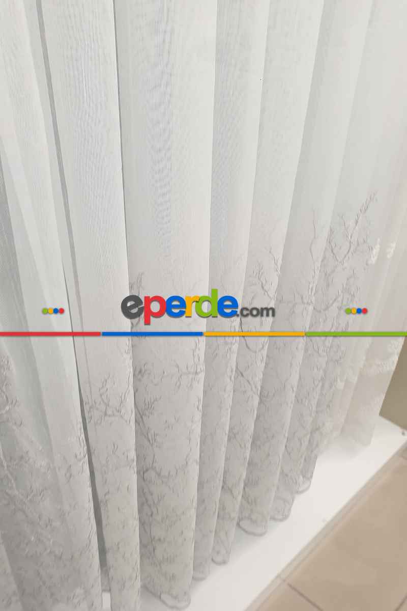 Oturma Odası - Selvi Ağaç Desenli İşlemeli Tül Perde - Açık Krem