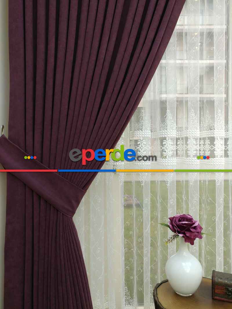 Mürdüm Düz Fon Perde Dökümlü Birinci Kalite 300 Cm Geniş En Daha Hesaplı- Mürdüm