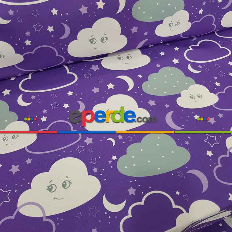 Bulut Desenli Fon Perde Evm683-3 Kumaşı Kalındır Duck Bezi Değildir- Beyaz-Mor-Lila Koyu Lila