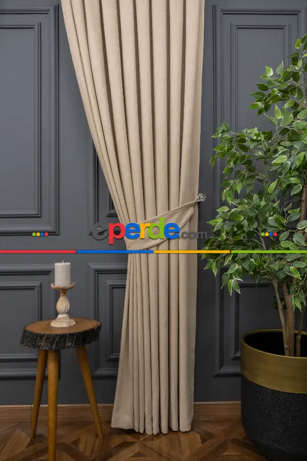 Salon - Bej Rengi Düz Fon Perde En  Dökümlü Fon Perde