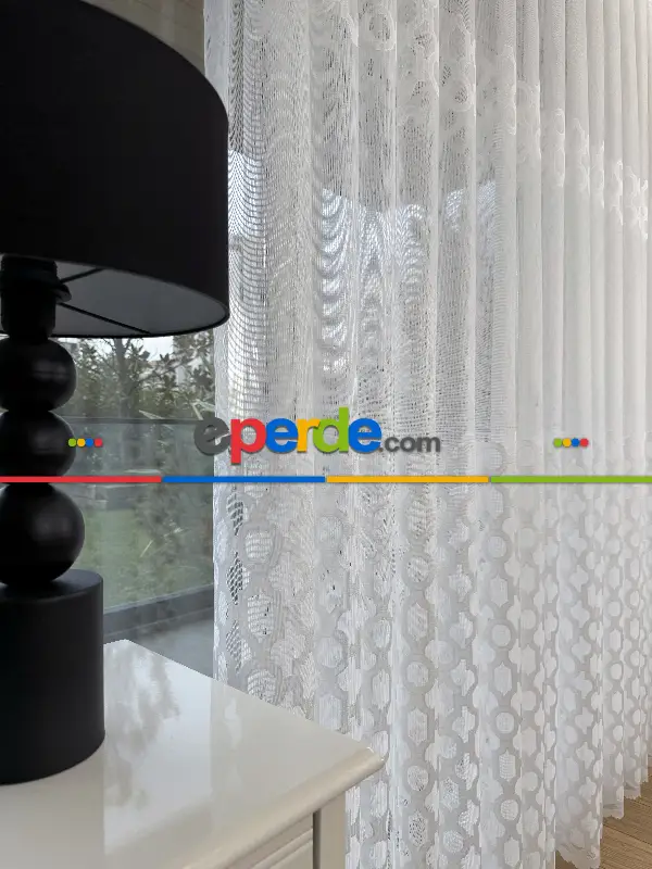 Salon - Desenli Fransız Dantel Örme Tül Perde, Desenli Ütü İstemeyen Tül