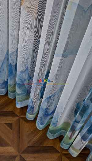 Hazır Ölçülü Petek Zemin Turuncu Ve Mavi Renkli Balon Ve Manzara Desenli Grek Baskılı Tül Perde