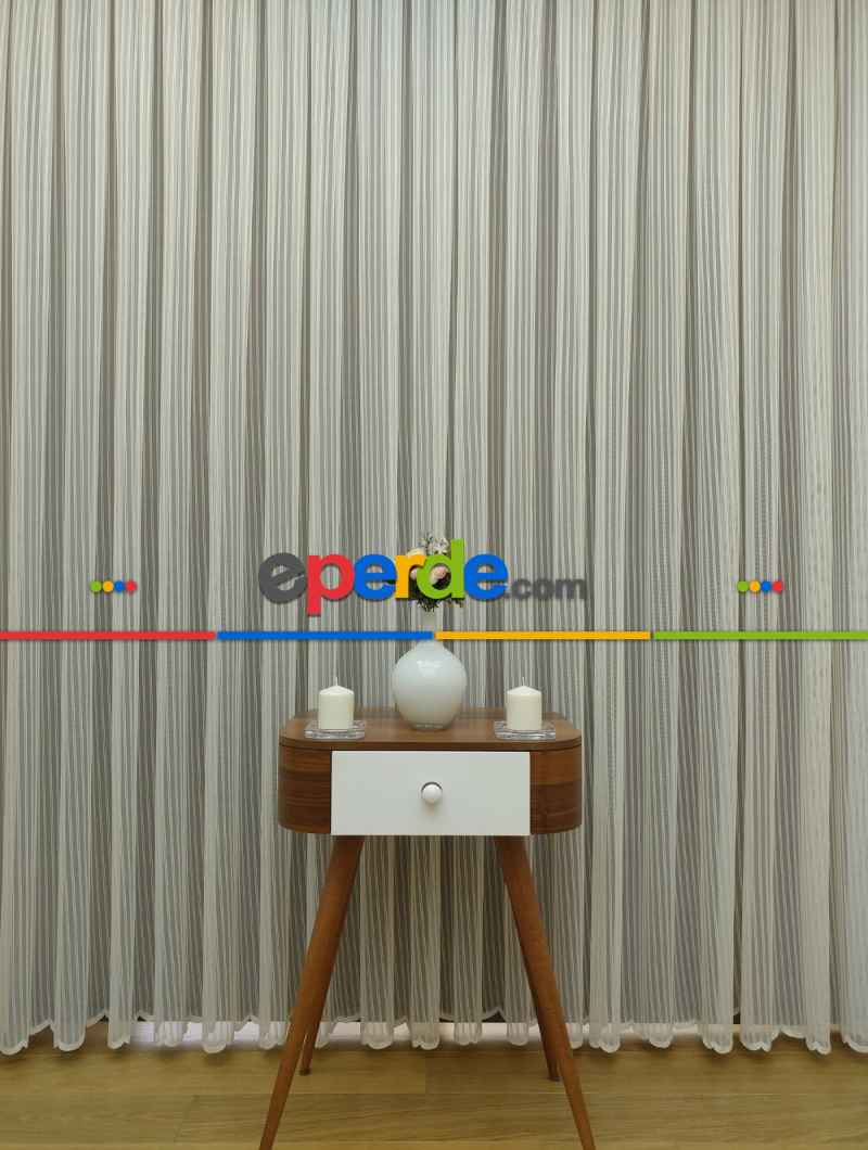 Çizgili Örme Jakarlı Tül Perde Kırık Beyaz