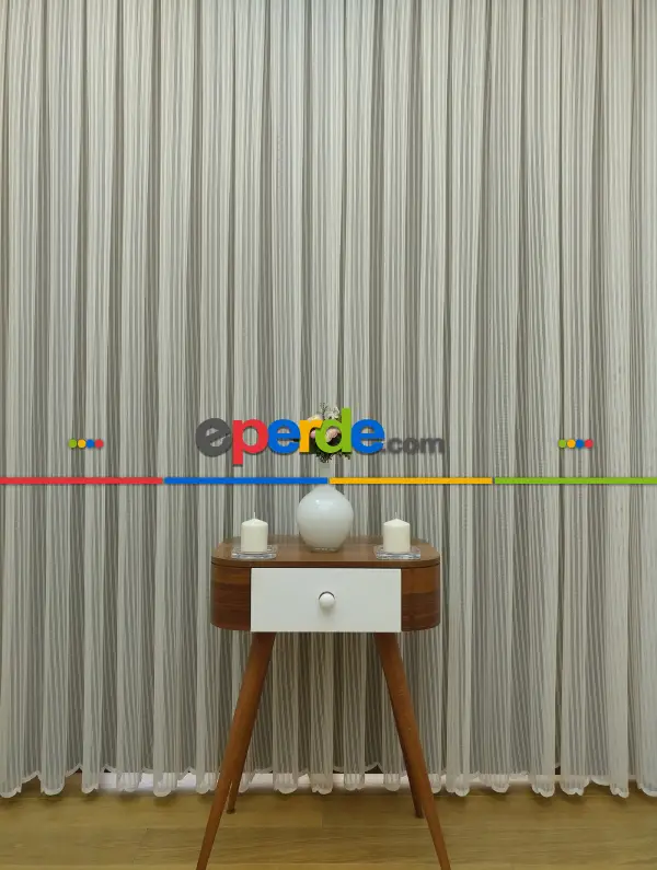 Çizgili Örme Jakarlı Tül Perde Kırık Beyaz