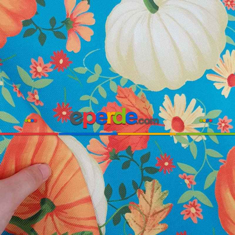 Kabak Desenli Fon Perde Evm1531 Kumaşı Kalındır Duck Bezi Değildir- Mavi-Turuncu