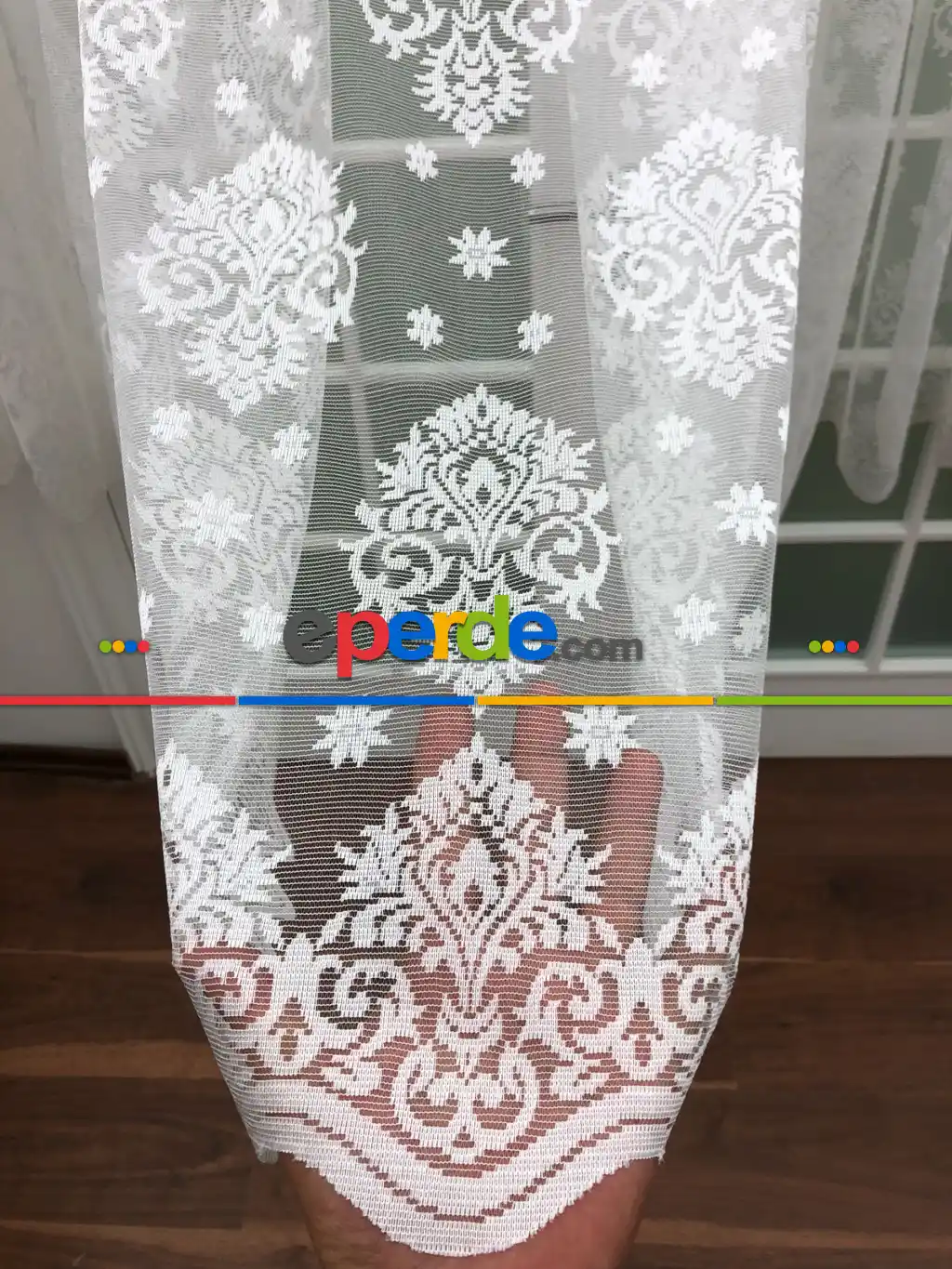 Örme Dokulu Serpme Damask Desenli Tül Perde - Ekru