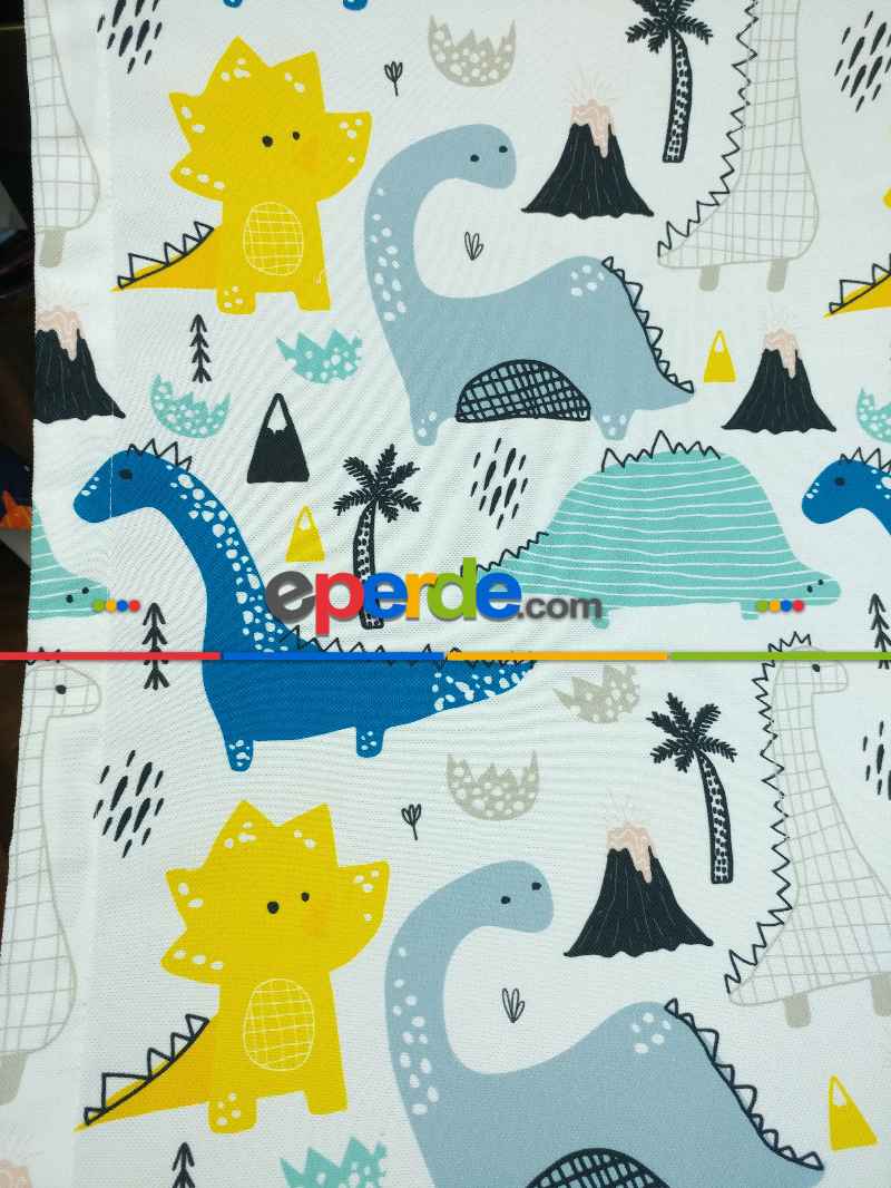 Erkek Çocuk ve Bebek Odası Fon Perde - Dinazor Desenli - Mavi Sarı