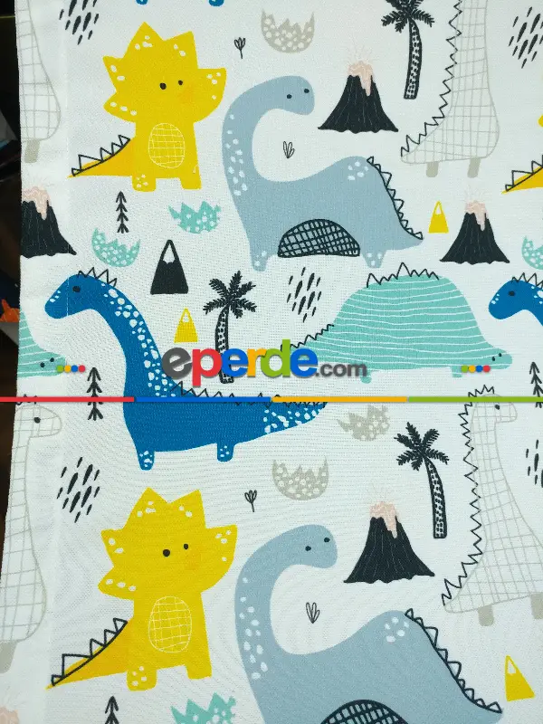 Bebek Odası Fon - Dinazor Desenli Fon Perde Evm499 Kumaşı Kalındır Duck Bezi Değildir- Mavi-Sarı