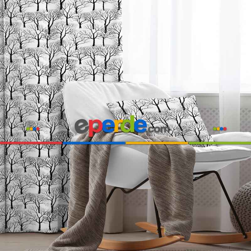 Ağaç Desenli Fon Perde Evim718 Kumaşı Kalındır Duck Bezi Değildir- Mavi-beyaz