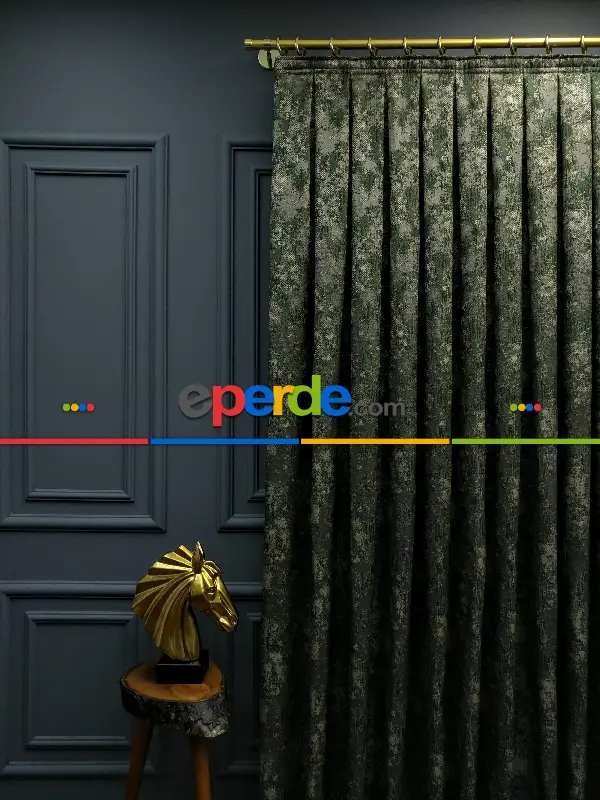 Yatak Odası Fon Patine Desenli Modern Desenli Jakarlı Fon Perde Yeni Seri 401- Haki Yeşil