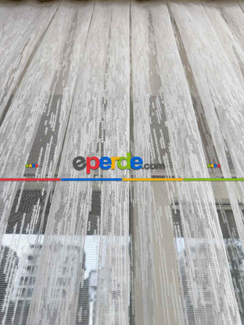 Ekru Çizgili Desenli Fransız Dantel Örme Tül Perde, Ütü İstemeyen Tül