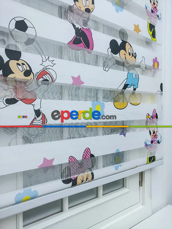 Çocuk Odası - Minnie Mouse Ve Mikie Mouse Zebra Perde- Mavi